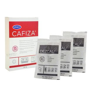 ZESTAW - Tabletki czyszczące do ekspresu Urnex Cafiza 32 szt + Proszek odkamieniający Urnex Dezcal - 3x28g